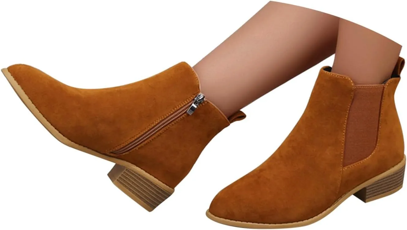 Ankle Boots for Women Comfortable Round Toe Riding Western Fashion Chelsea Booties Chunky Stacked Heel with Side Zippers