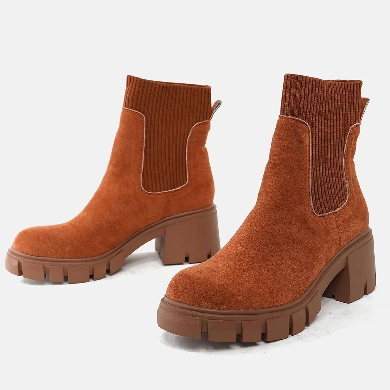 Ankle Boots for Women, Women's Fashion Elastic Chunky Block Heel Chelsea Boots Platform Sole Non-Slip Combat Ankle Booties