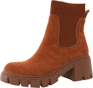 Ankle Boots for Women, Women's Fashion Elastic Chunky Block Heel Chelsea Boots Platform Sole Non-Slip Combat Ankle Booties