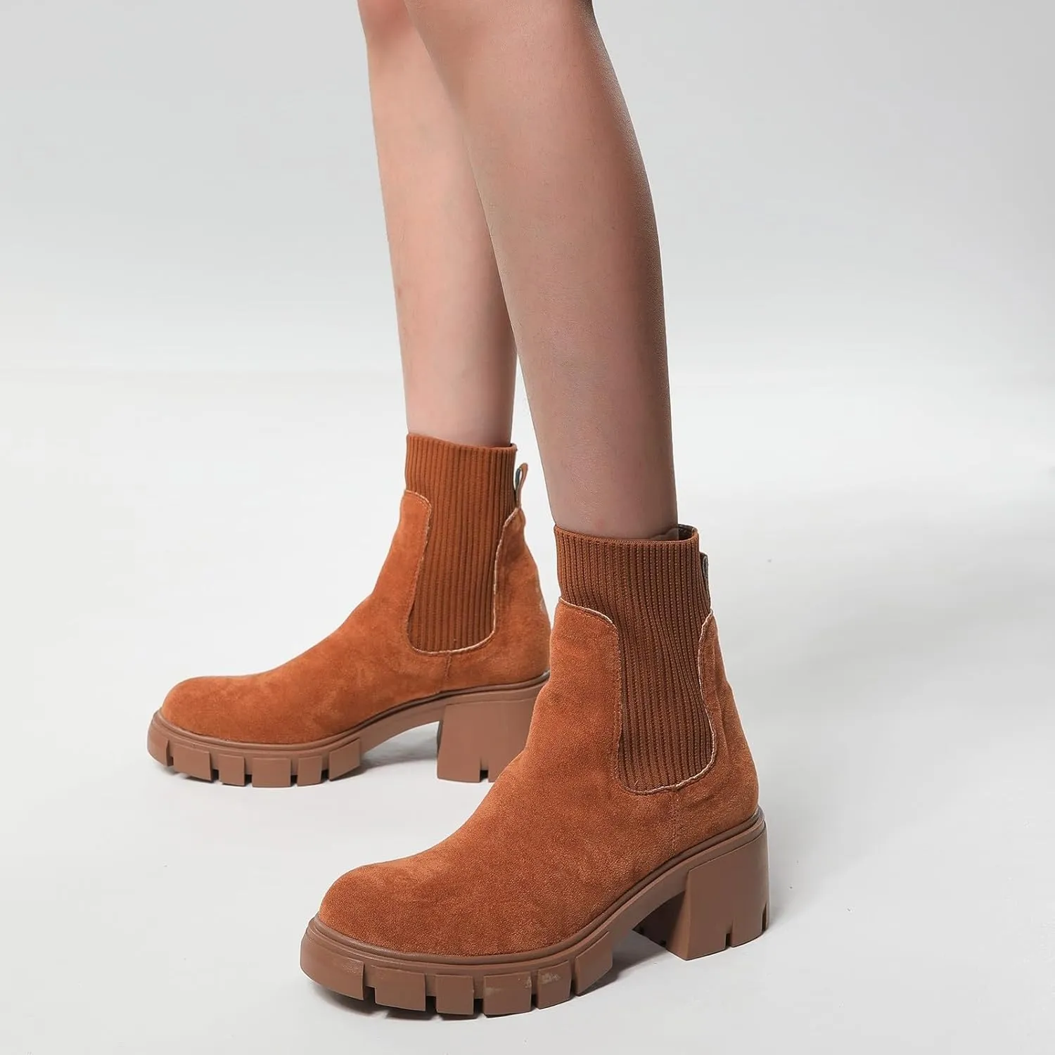 Ankle Boots for Women, Women's Fashion Elastic Chunky Block Heel Chelsea Boots Platform Sole Non-Slip Combat Ankle Booties