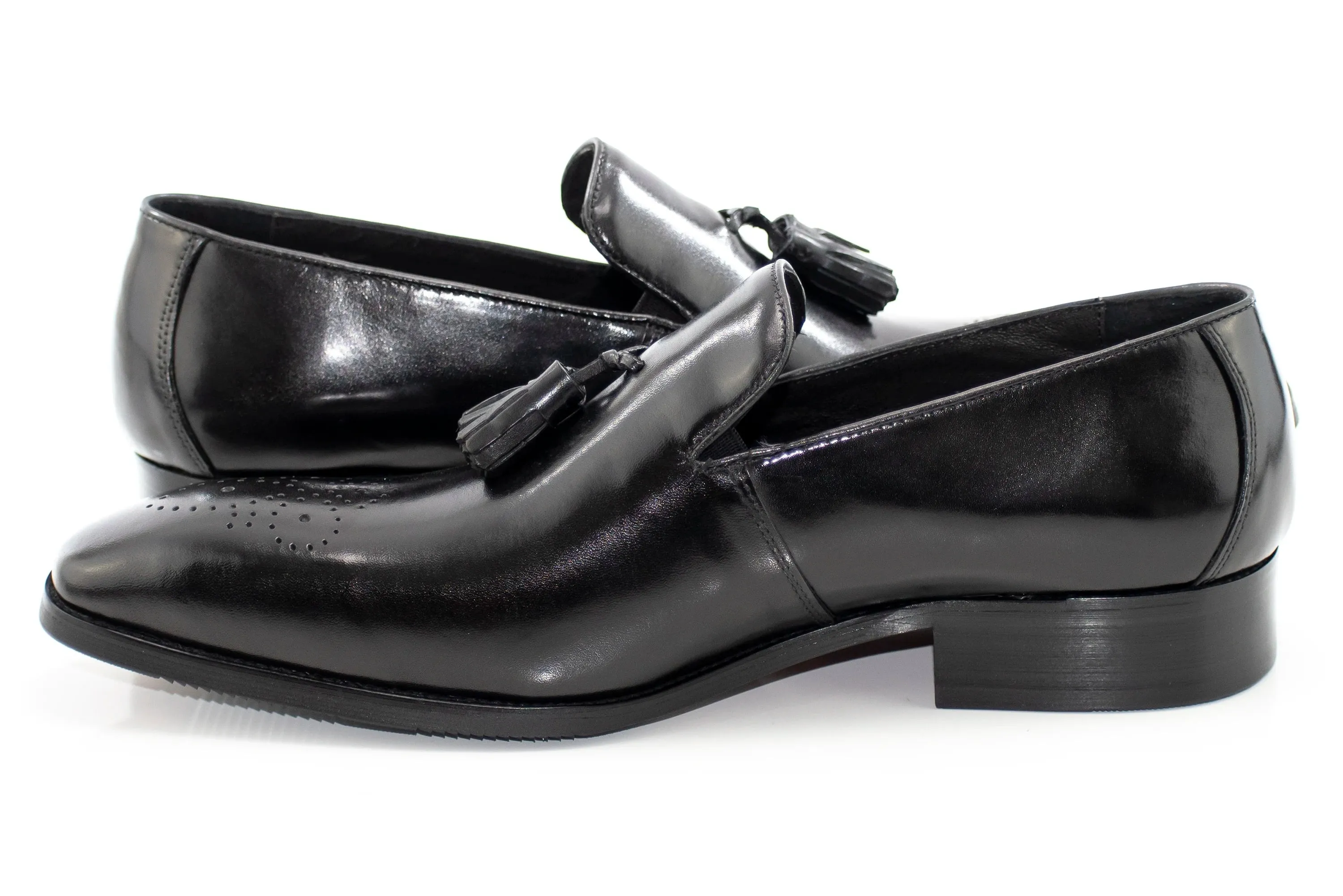 Black Medallion-Toe Tasseled Dress Loafer