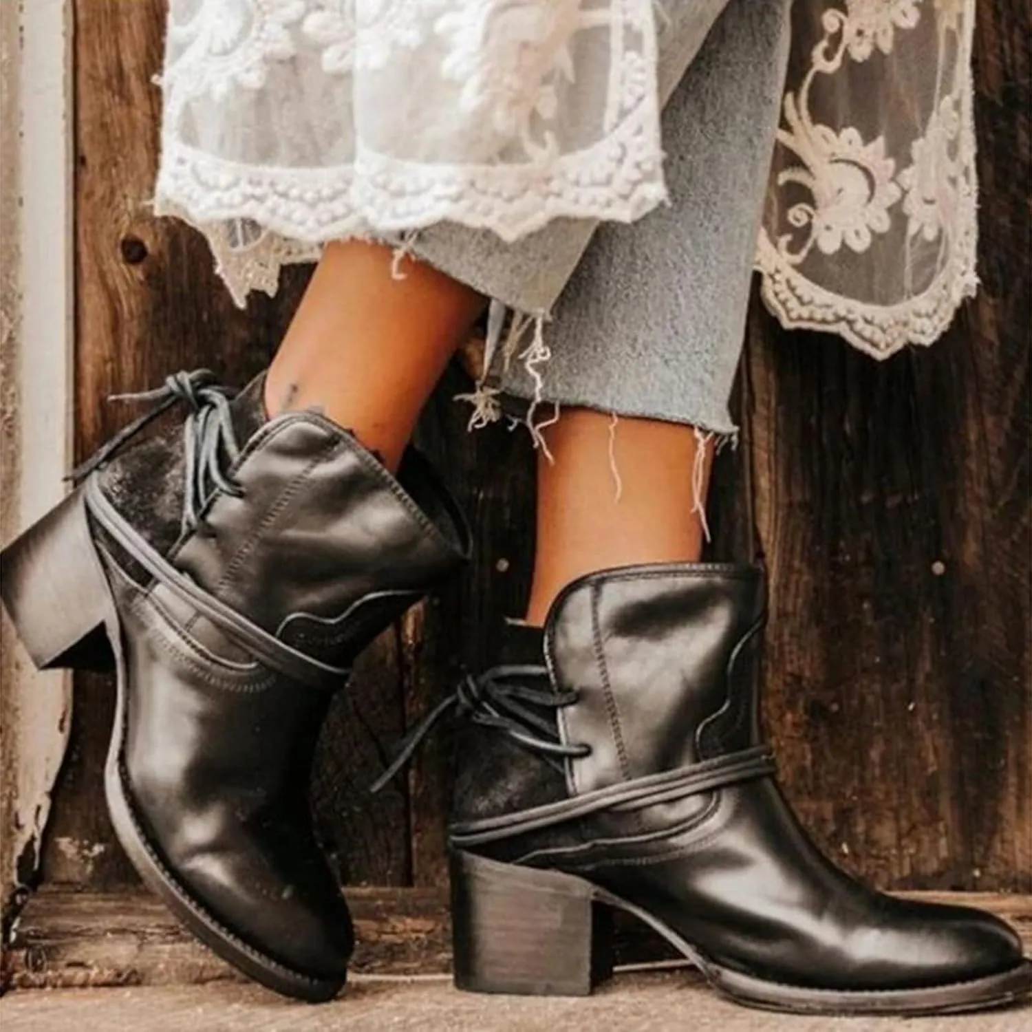 Cowboy Boots for Women Western Cowgirl Ankle Booties Vintage Casual Suede Lace Up Shoes Chunky Heel Fall Dress Short Boots