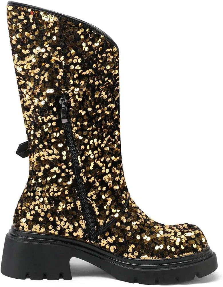 DINTAHA Sparkly Sequin Platform Boots Biker Motorcycle Riding Boots Chunky Mid Calf Heeled Boots