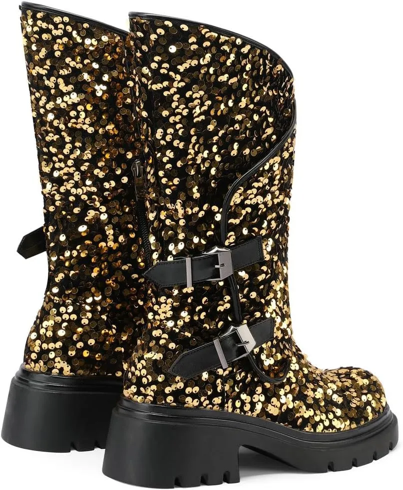 DINTAHA Sparkly Sequin Platform Boots Biker Motorcycle Riding Boots Chunky Mid Calf Heeled Boots