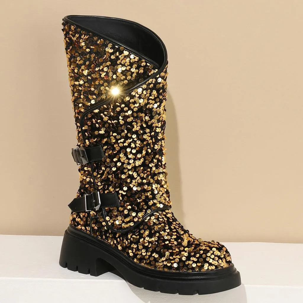 DINTAHA Sparkly Sequin Platform Boots Biker Motorcycle Riding Boots Chunky Mid Calf Heeled Boots