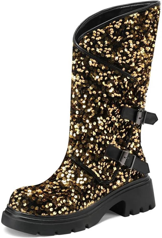 DINTAHA Sparkly Sequin Platform Boots Biker Motorcycle Riding Boots Chunky Mid Calf Heeled Boots