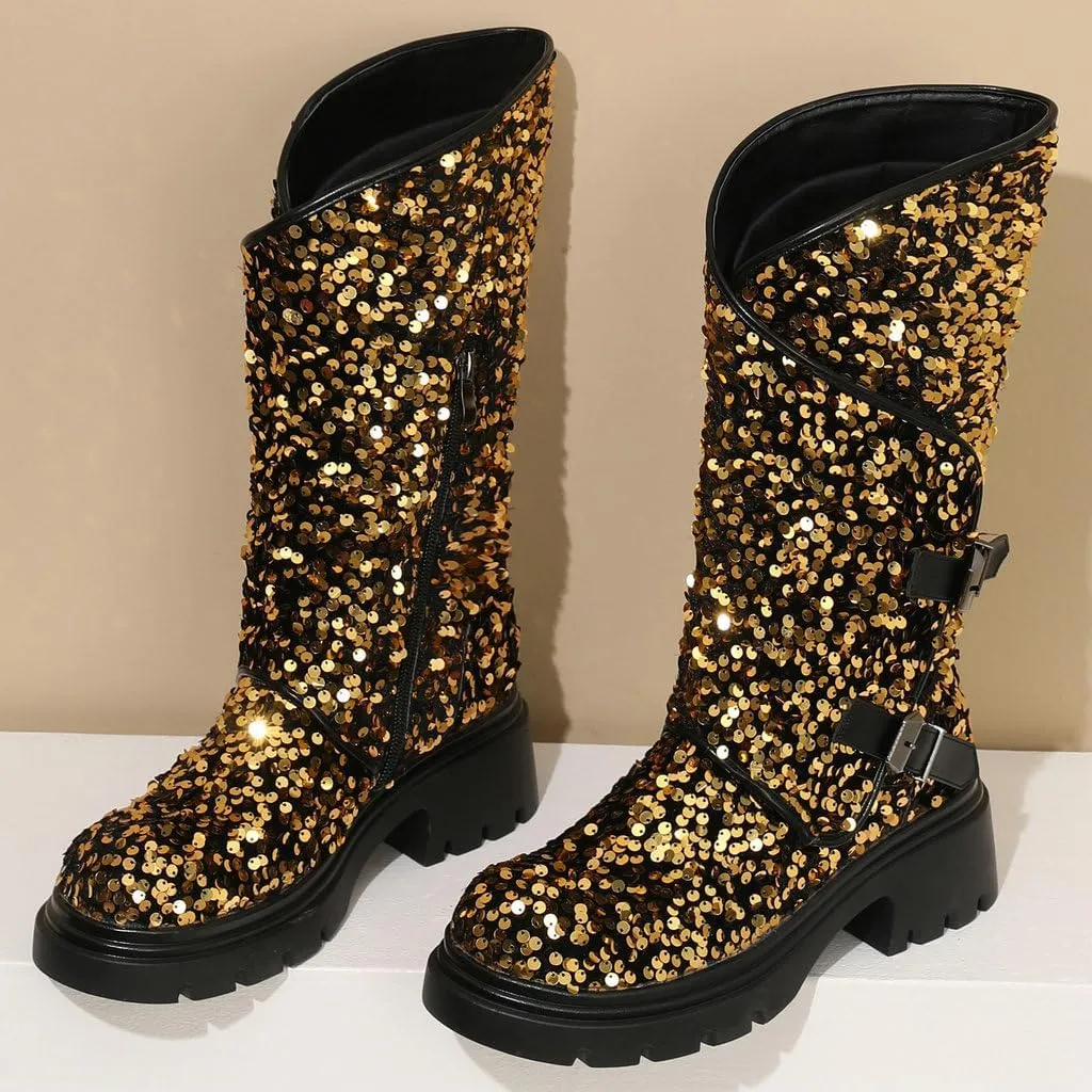 DINTAHA Sparkly Sequin Platform Boots Biker Motorcycle Riding Boots Chunky Mid Calf Heeled Boots