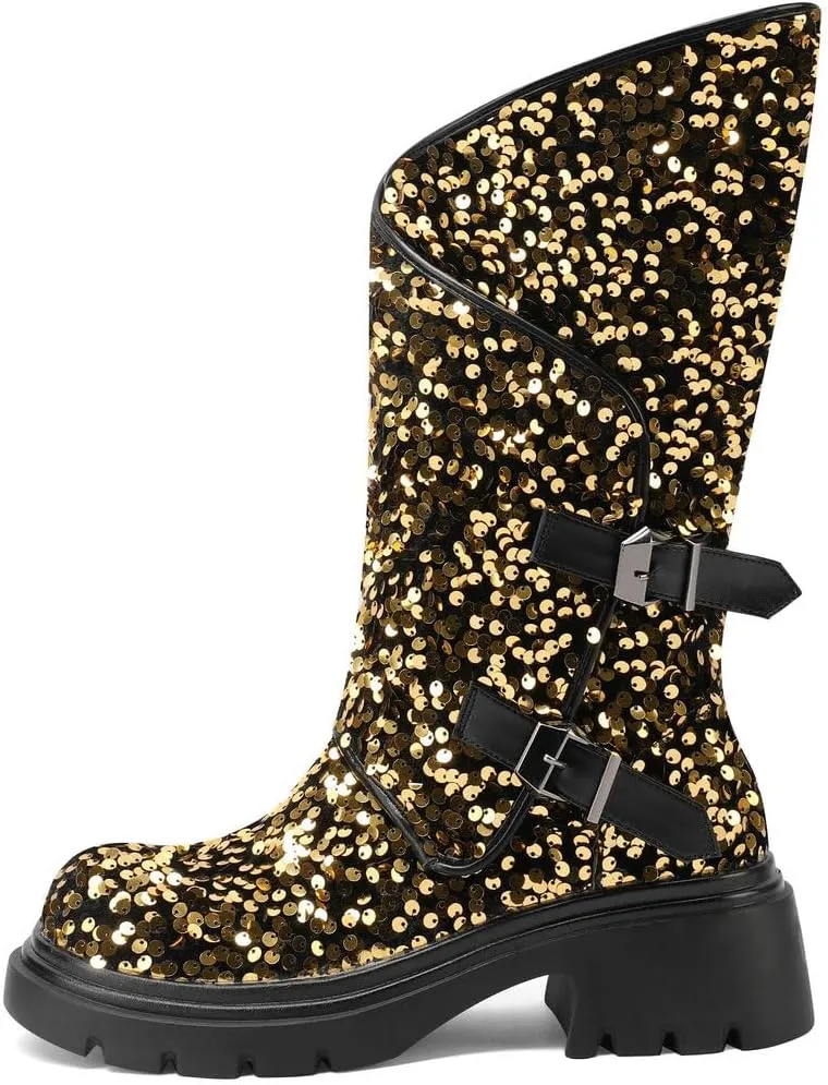 DINTAHA Sparkly Sequin Platform Boots Biker Motorcycle Riding Boots Chunky Mid Calf Heeled Boots