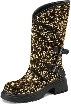 DINTAHA Sparkly Sequin Platform Boots Biker Motorcycle Riding Boots Chunky Mid Calf Heeled Boots