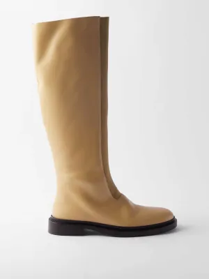 Flat leather knee boots