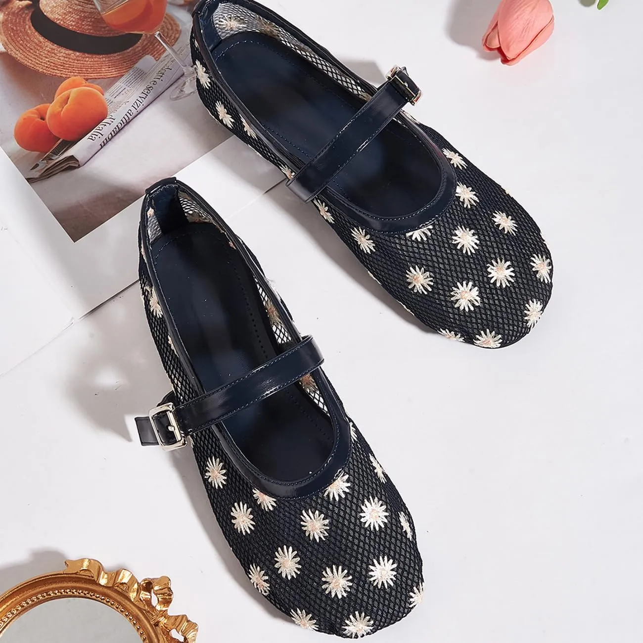 Mesh Ballet Flats for Women Embroidered Floral Round Toe Mary Jane Flats
