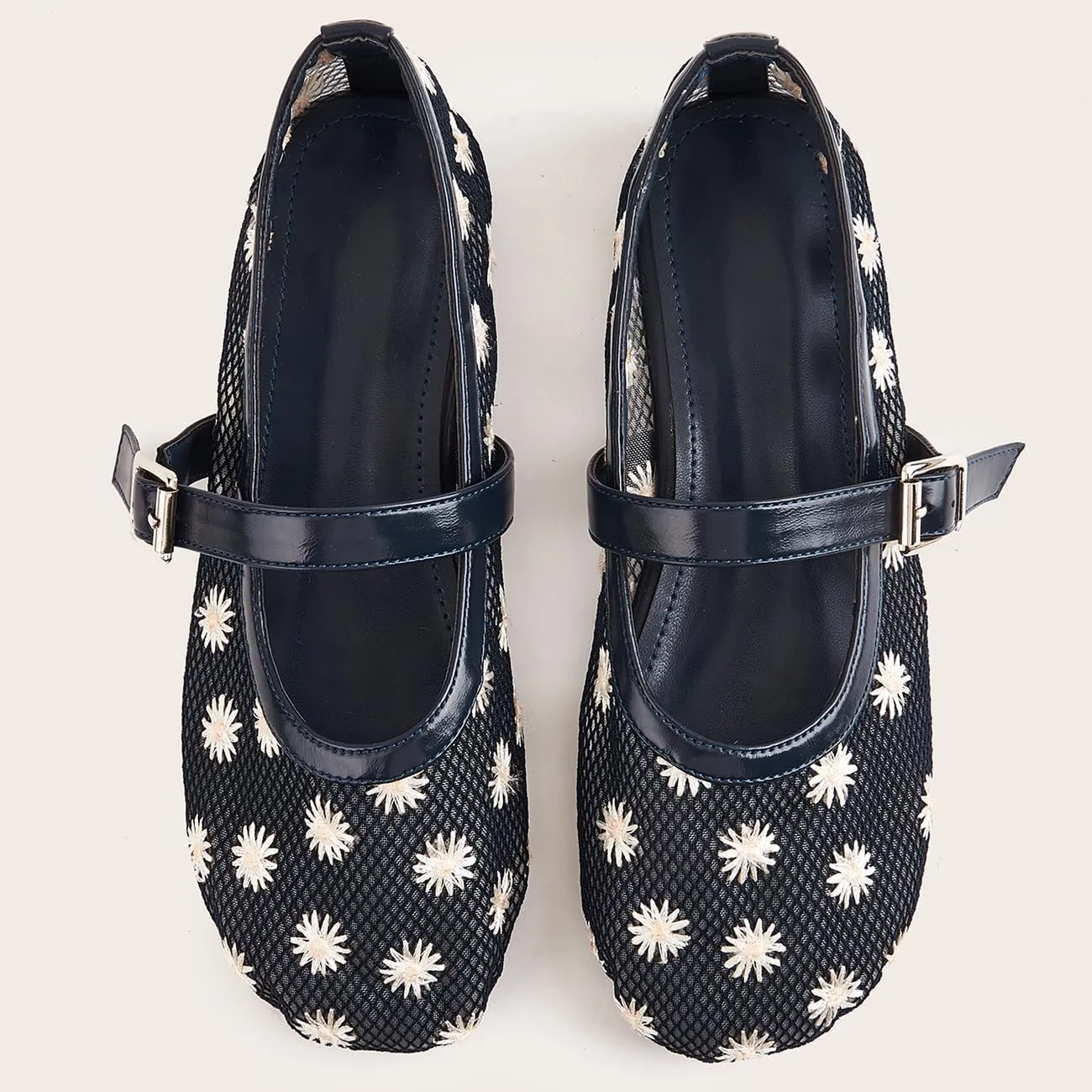 Mesh Ballet Flats for Women Embroidered Floral Round Toe Mary Jane Flats