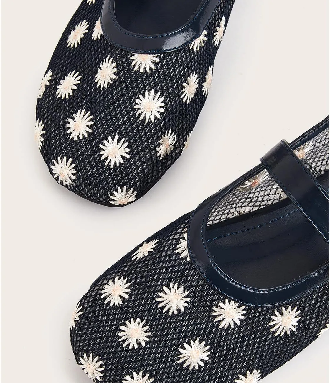 Mesh Ballet Flats for Women Embroidered Floral Round Toe Mary Jane Flats