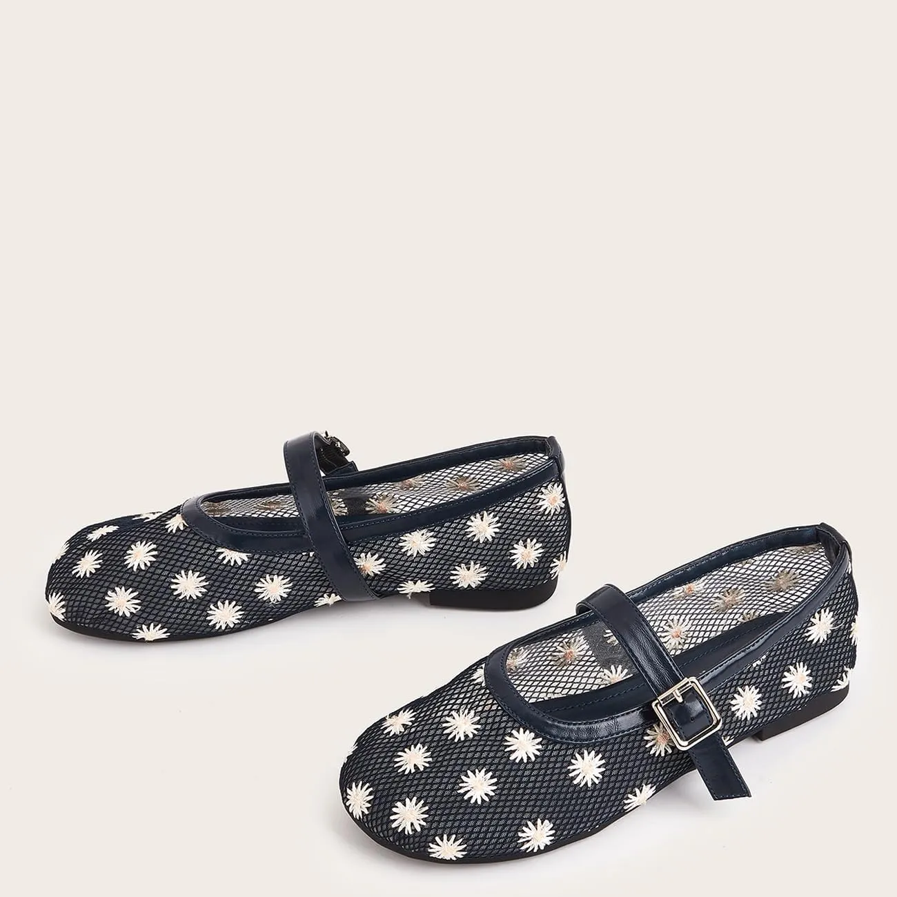 Mesh Ballet Flats for Women Embroidered Floral Round Toe Mary Jane Flats