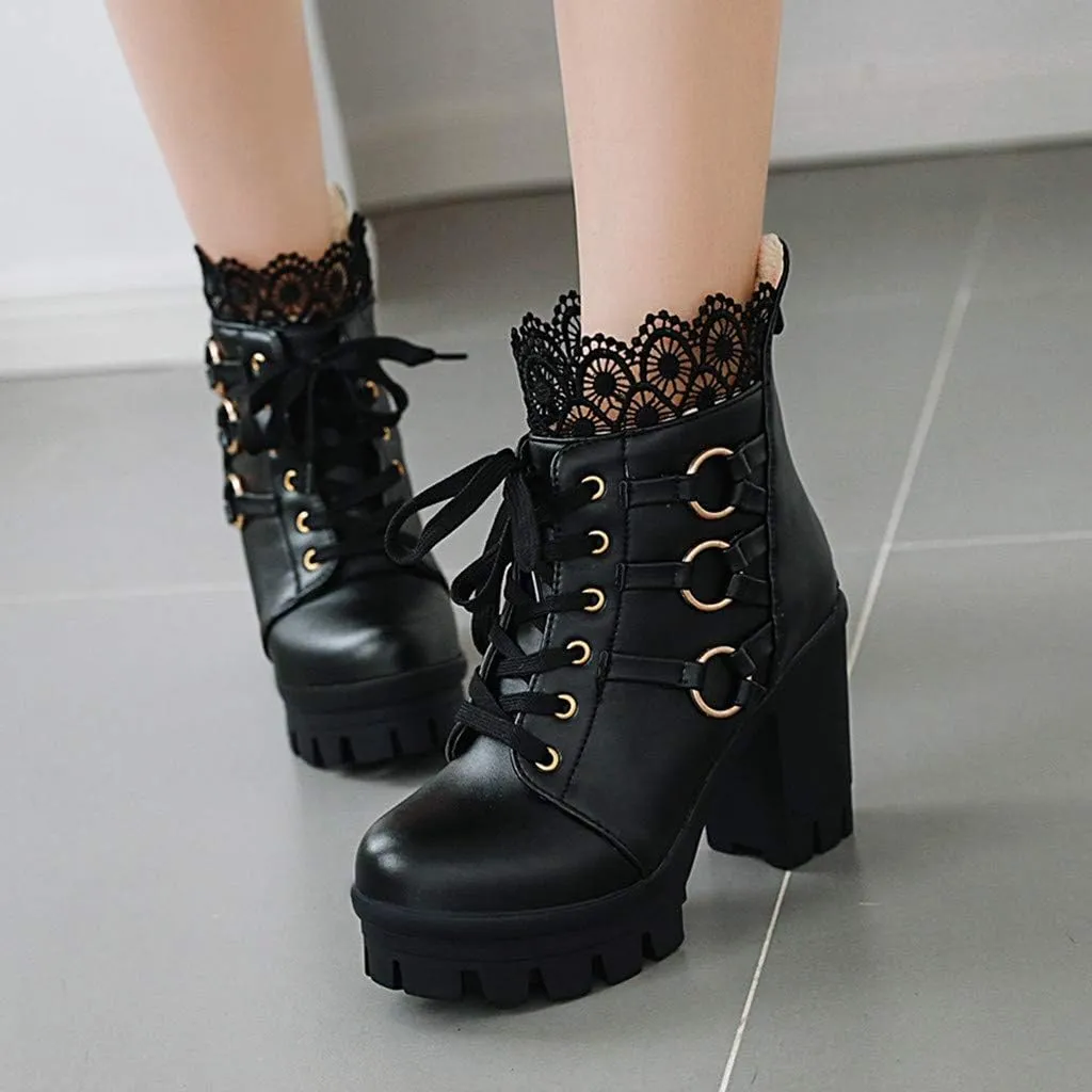 Women's Ankle Boots High Heel Lace Up Combat Booties Sweet Lace Zipper Boots Fashion Leather Chunky Booties