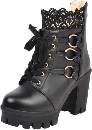 Women's Ankle Boots High Heel Lace Up Combat Booties Sweet Lace Zipper Boots Fashion Leather Chunky Booties