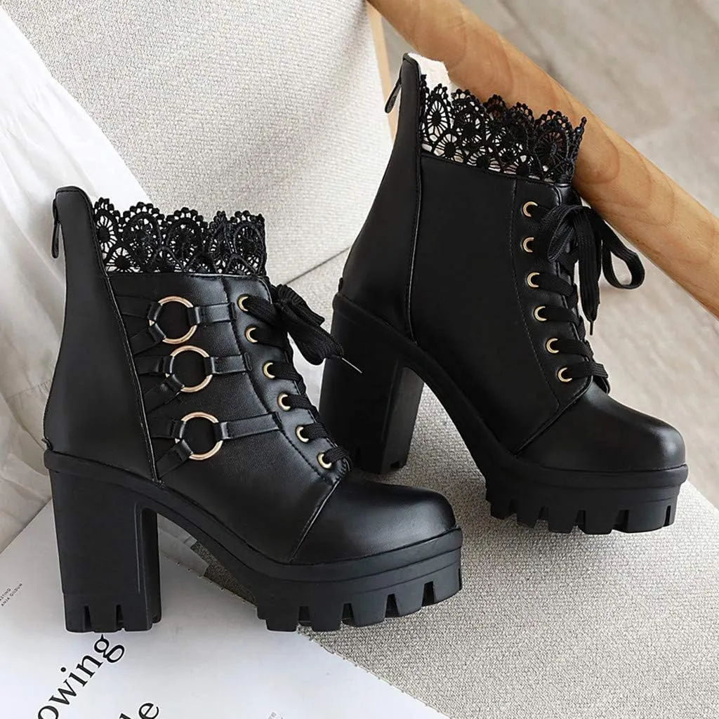 Women's Ankle Boots High Heel Lace Up Combat Booties Sweet Lace Zipper Boots Fashion Leather Chunky Booties