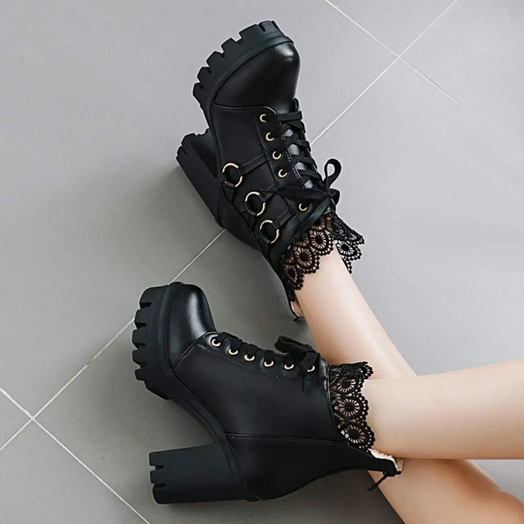 Women's Ankle Boots High Heel Lace Up Combat Booties Sweet Lace Zipper Boots Fashion Leather Chunky Booties