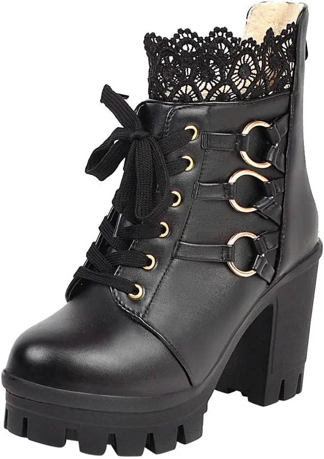 Women's Ankle Boots High Heel Lace Up Combat Booties Sweet Lace Zipper Boots Fashion Leather Chunky Booties
