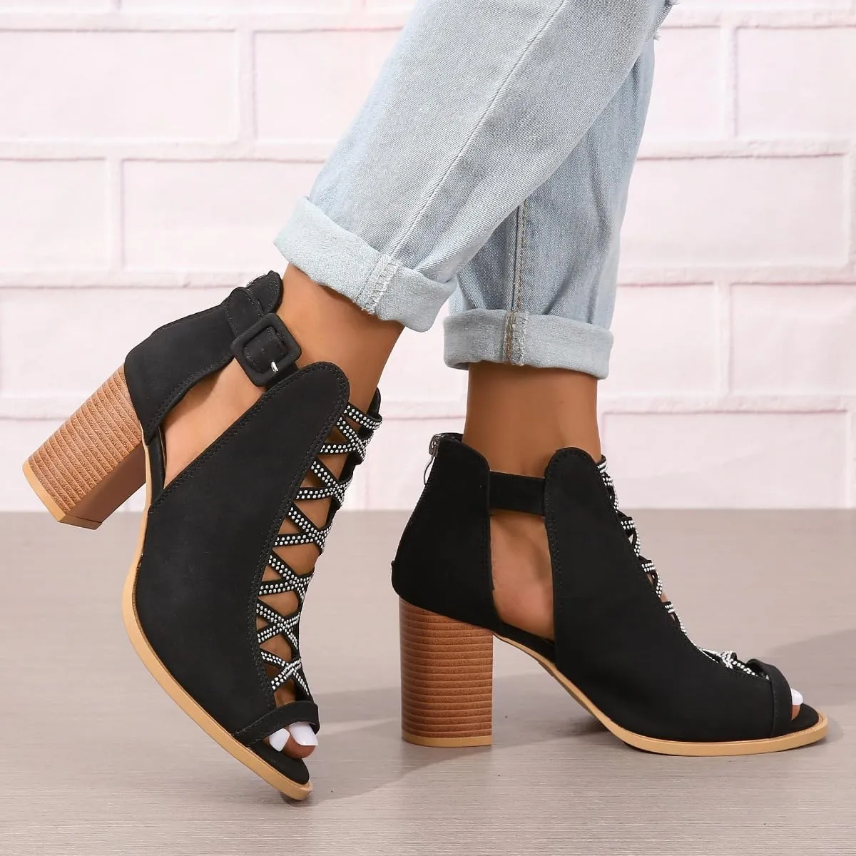 Women's Cutout Peep Toe Stacked Heeled Sandals Cutout Chunky Block Heels Sandals Dress Ankle Strap Buckle Booties